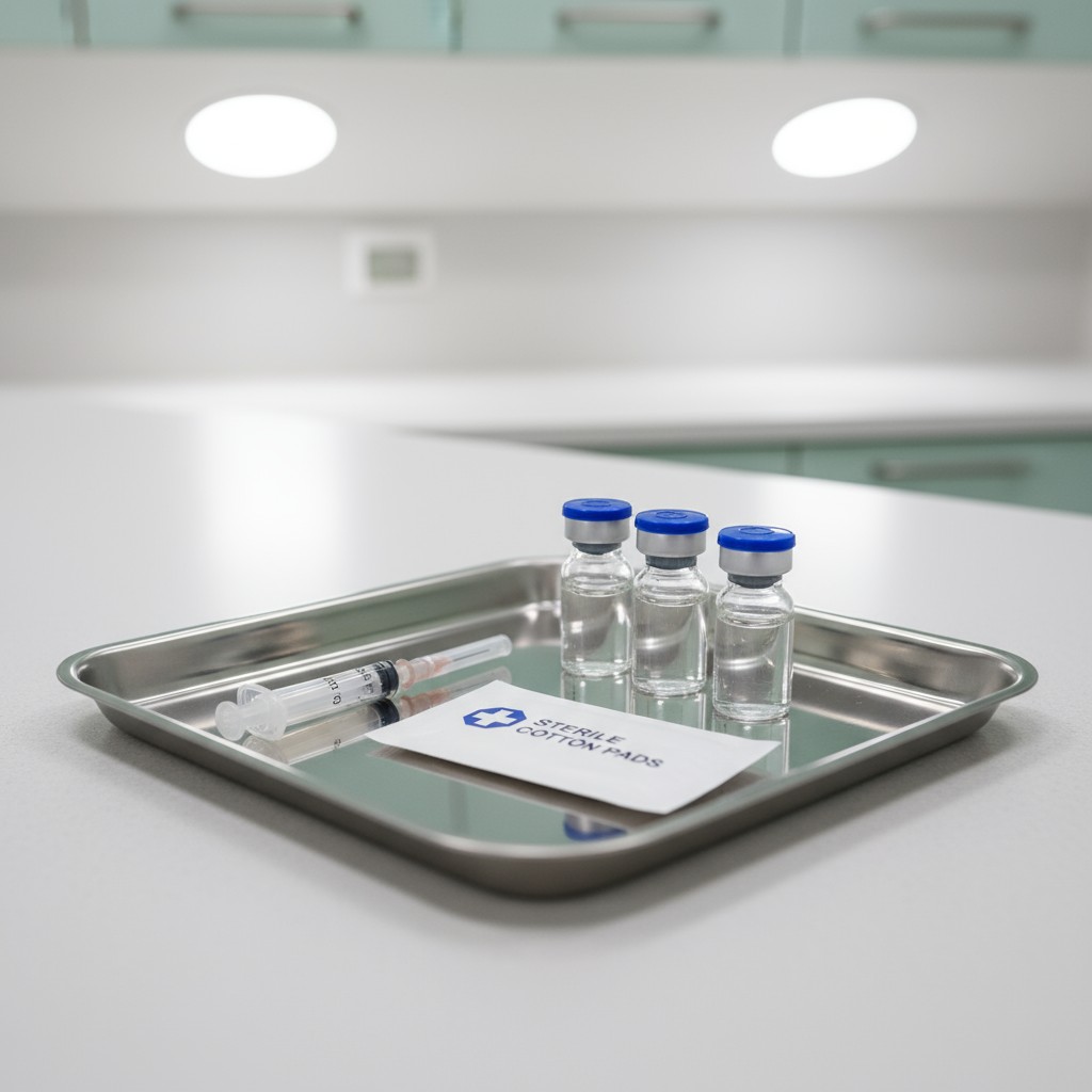 A metal tray holding syringes and vials.