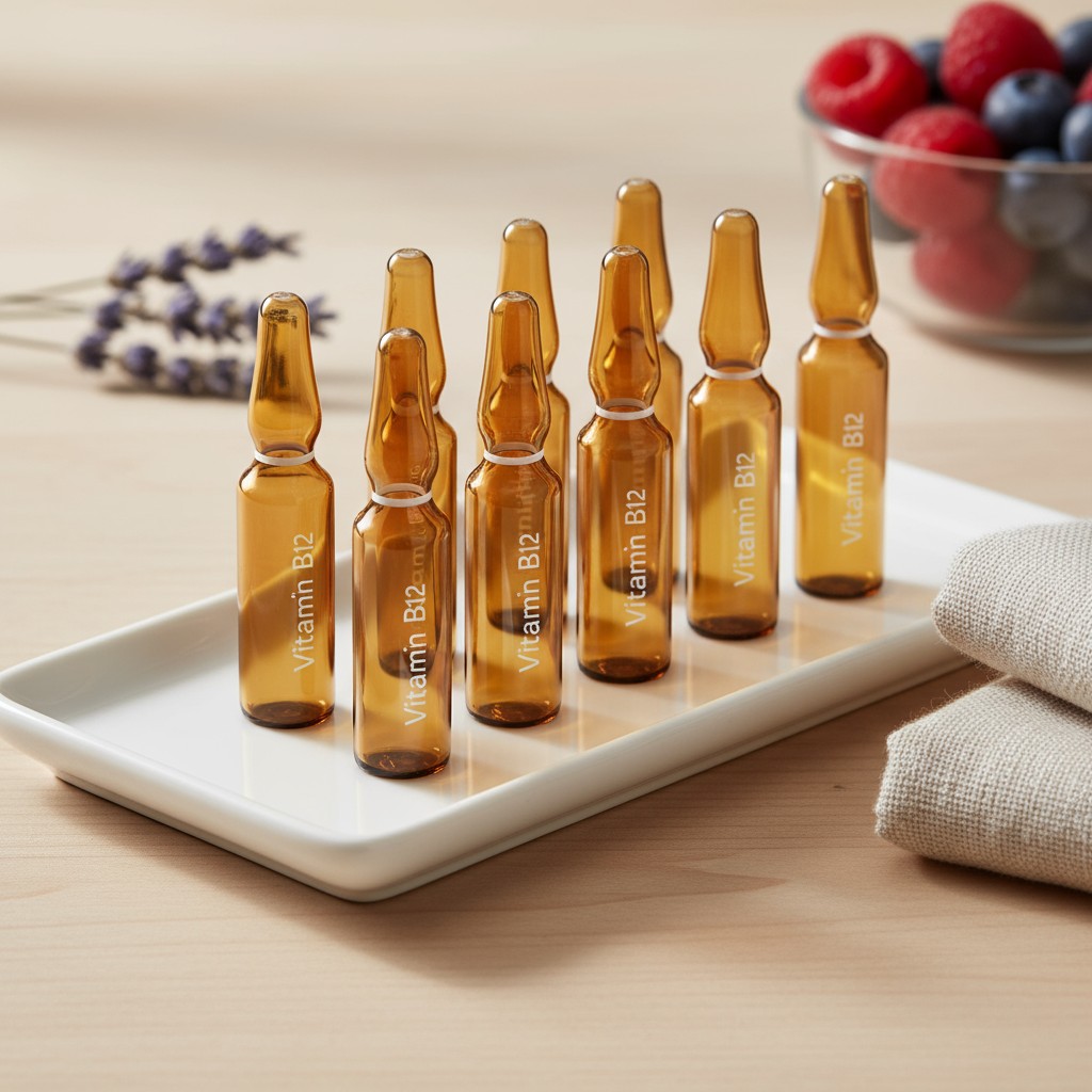 Vitamin B12 supplementation on glass containers with berries actively nourishing brain cells in the background. Vitamin B1...