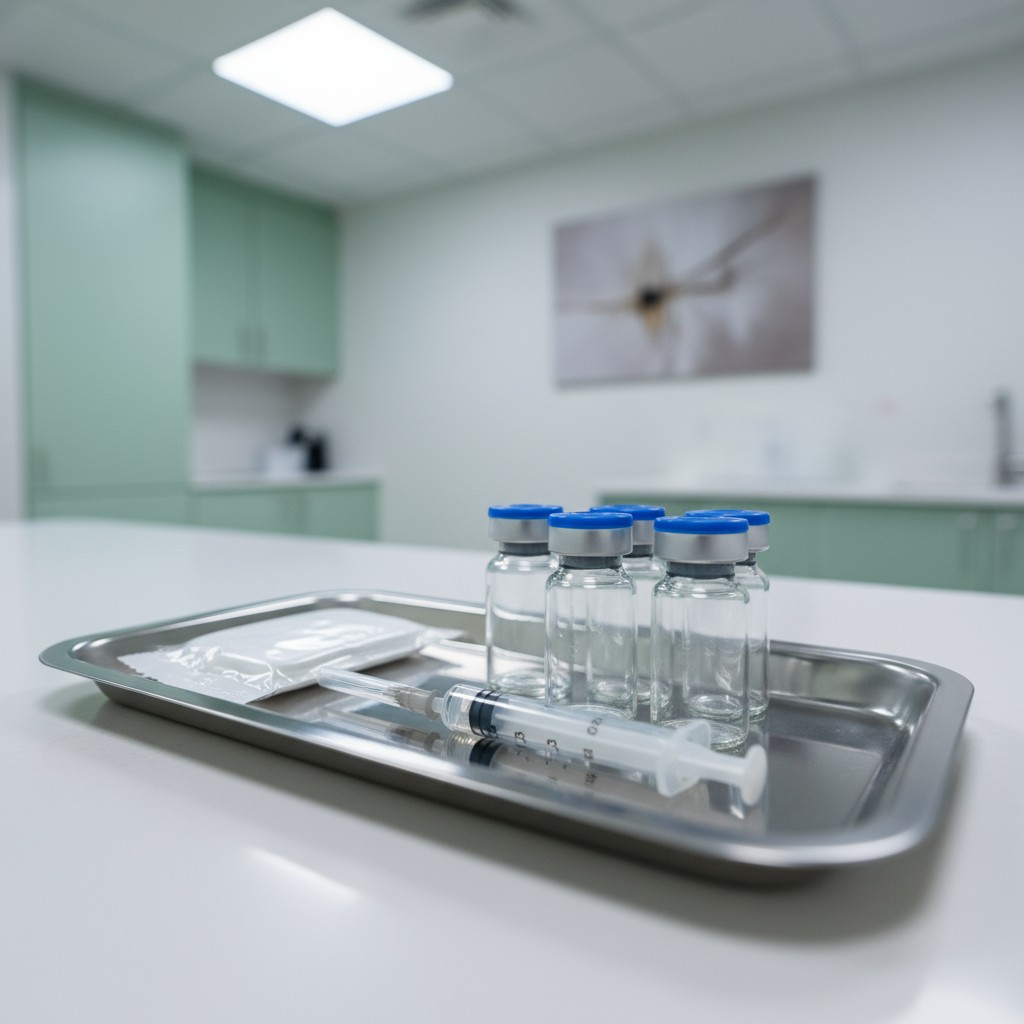 An aluminum tray with four glass vials featuring blue caps and a syringe on a sterile medical counter.